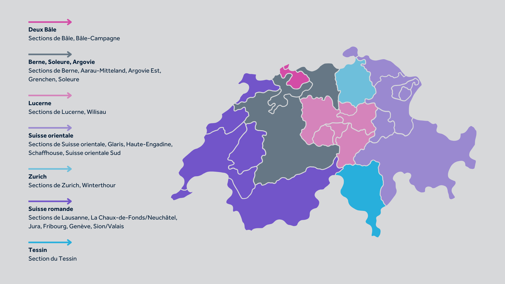 Carte de la Suisse avec les sections/régions de la Société suisse des employés de commerce